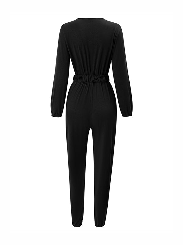 Belted Elasticity Long Sleeves V-neck Jumpsuits