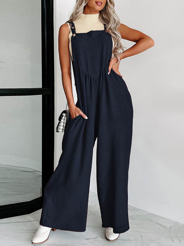 Buttoned Pleated Pockets High Waisted Loose Overalls