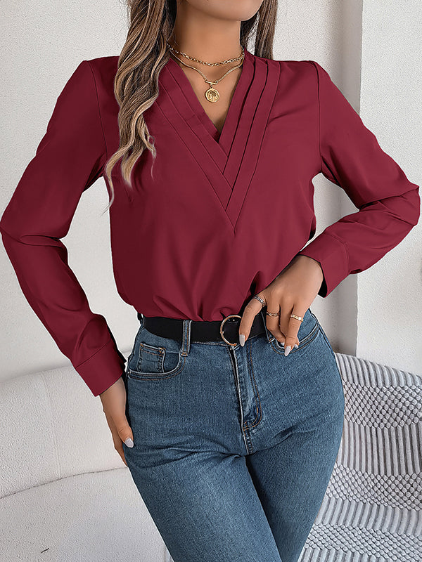 Pleated Solid Color Split-Joint Long Sleeves Loose V-Neck T-Shirts Tops
