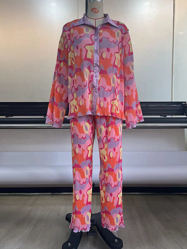 Pleated Long Sleeves Loose Buttoned Print Lapel Shirts Top + Elasticity Pants Bottom Two Pieces Set