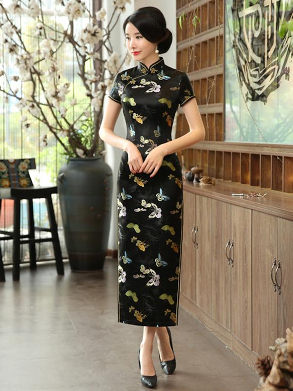 5 Colors Butterflies Print Long Cheongsam