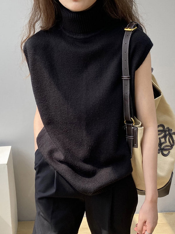 Simple Loose Solid Color High-Neck Knitting Vest Top