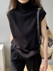 Simple Loose Solid Color High-Neck Knitting Vest Top