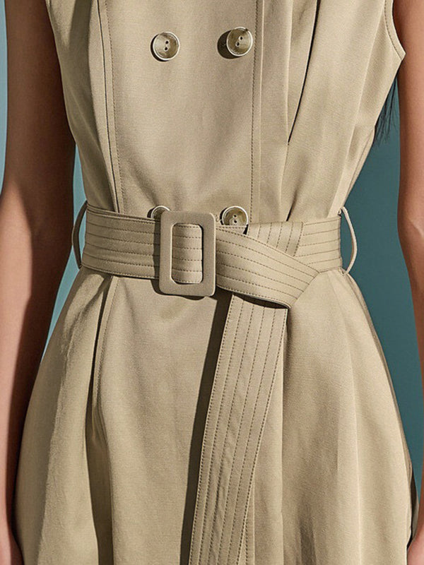 Belted Buttoned Pockets Solid Color A-Line High Waisted Round-Neck Maxi Dresses