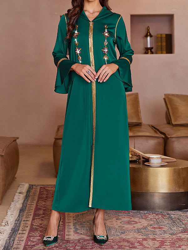 Rhine Stones Split-Front A-Line Flared Sleeves V-Neck Maxi Dresses