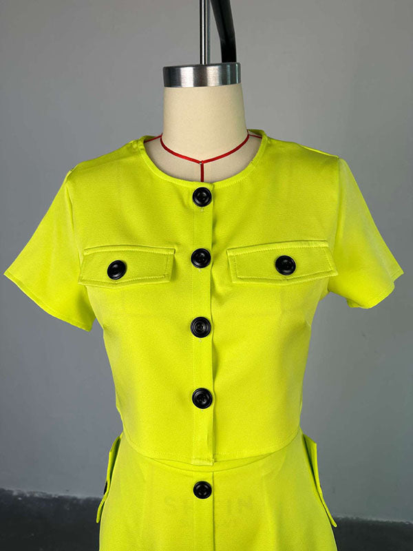 Round-Neck Buttoned Pockets Split-Joint T-shirt Top + A-Line High Waisted Skirts Bottom Two Pieces Set