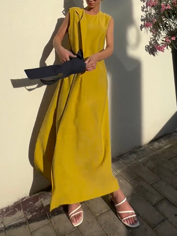 Asymmetric Contrast Color Split-Side Tied Loose Sleeveless Round-Neck Maxi Dresses