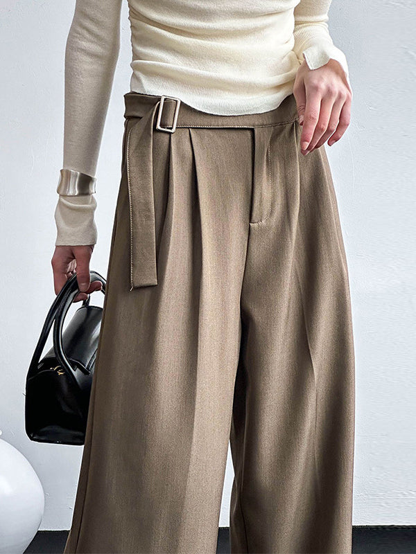 Belt Buckle Solid Color High Waisted Loose Trousers Suit Pants