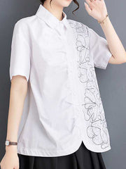 Buttoned Embroidered Pleated Irregularity Loose Lapel Collar Blouses&Shirts Tops