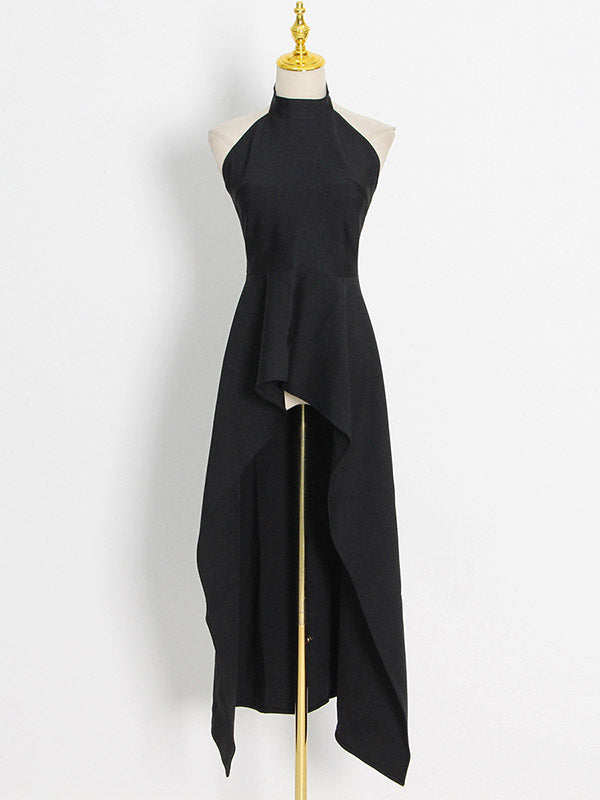 Loose Backless High-Low Mock Neck Vest Top + Pleated Skirts Bottom Two Pieces Set