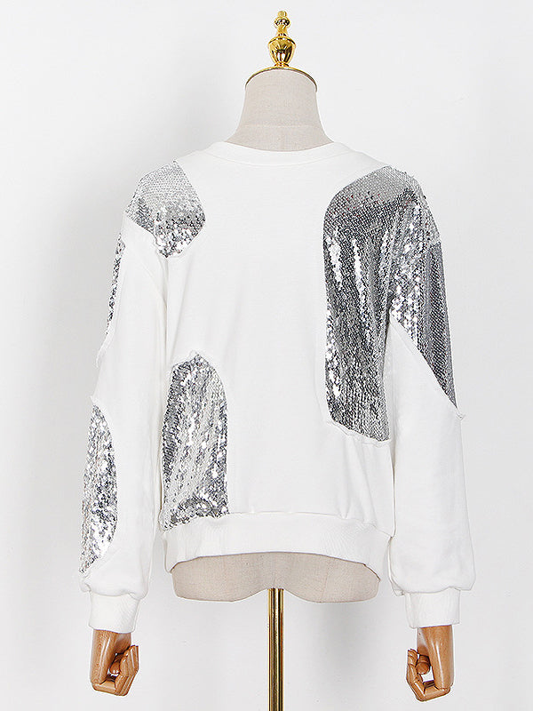 Asymmetric Sequined Long Sleeves Loose Round-Neck Sweatshirt Tops