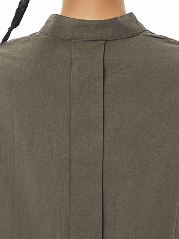 Pleated Solid Color Loose Sleeveless Stand Collar Shirt Dress Midi Dresses