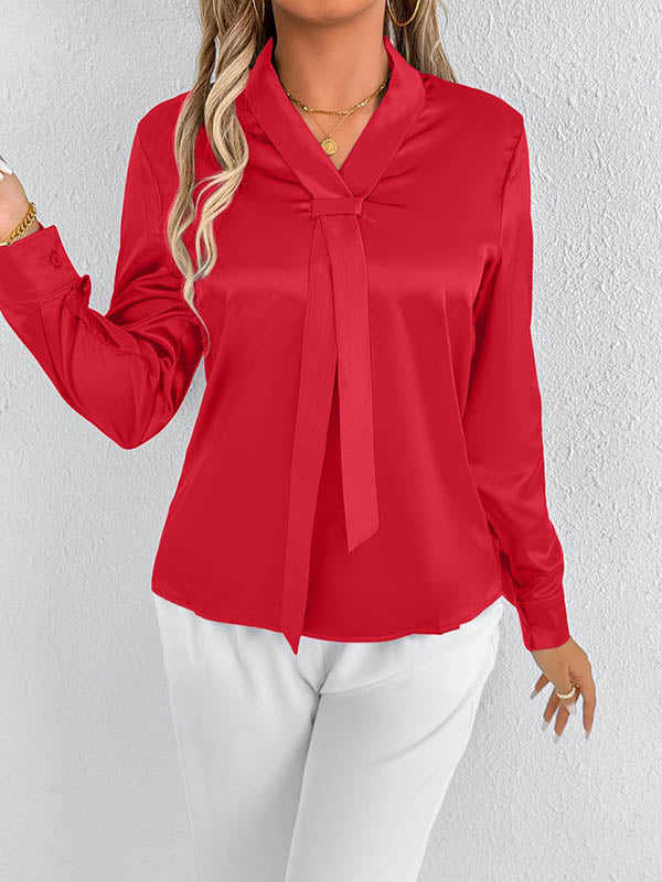 Solid Color Split-Joint Streamer Long Sleeves Loose Scarf Collar Blouses&Shirts Tops