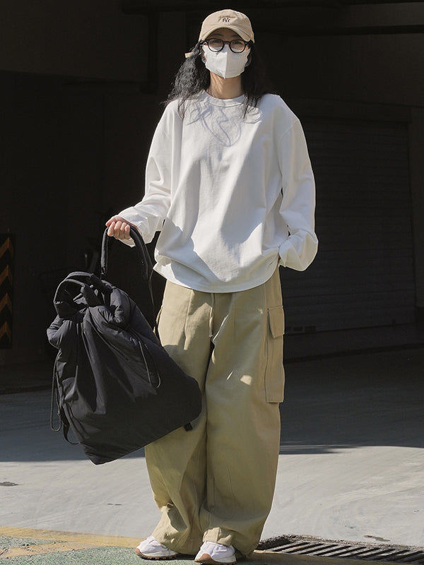 Casual Long Sleeves Loose Solid Color Round-Neck T-Shirts Tops