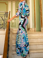 Printed Lapel Long Sleeves Buttoned Contrast Color Blouses&Shirts Tops + Pleated Bodycon Skirts Bottom Two Pieces Set