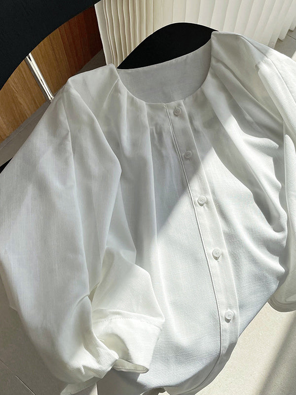 Pleated See-Through Solid Color Split-Joint High-Low Loose Round-Neck Blouses