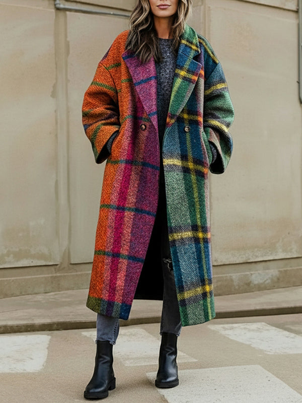 Loose Three-Quarter Sleeves Contrast Color Plaid Split-Joint Lapel Outerwear Windbreakers Woolen Coat