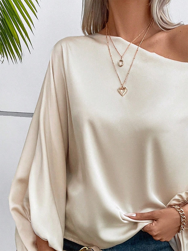 Solid Color Long Sleeves Loose One-Shoulder Blouses&Shirts Tops