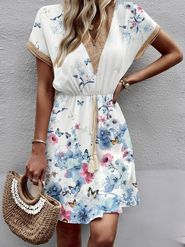 Butterfly Print Elasticity Hollow Split-Joint Tasseled Tied Waist A-line Loose V-neck Mini Dresses