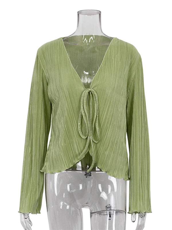 Lace-Up Pleated Solid Color Split-Joint Long Sleeves Loose Deep V-Neck Blouses&Shirts Tops