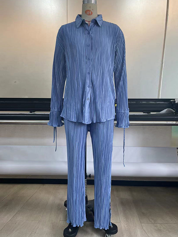 Solid Color Flared Sleeves Long Sleeves Buttoned Drawstring Pleated Split-Side Lapel Shirts Top + Pants Bottom Pajama Sets