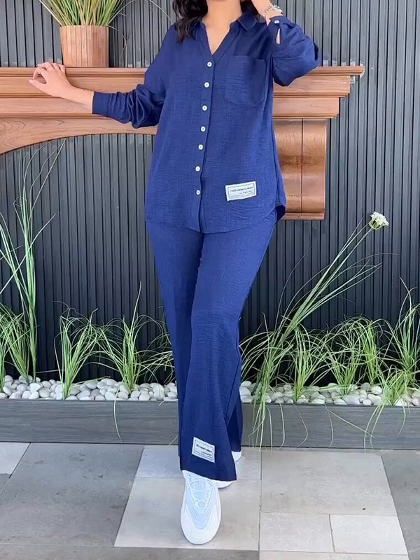 Solid Color Long Sleeves Buttoned Lapel Shirts Top + High Waisted Split-Side Pants Bottom Two Pieces Set