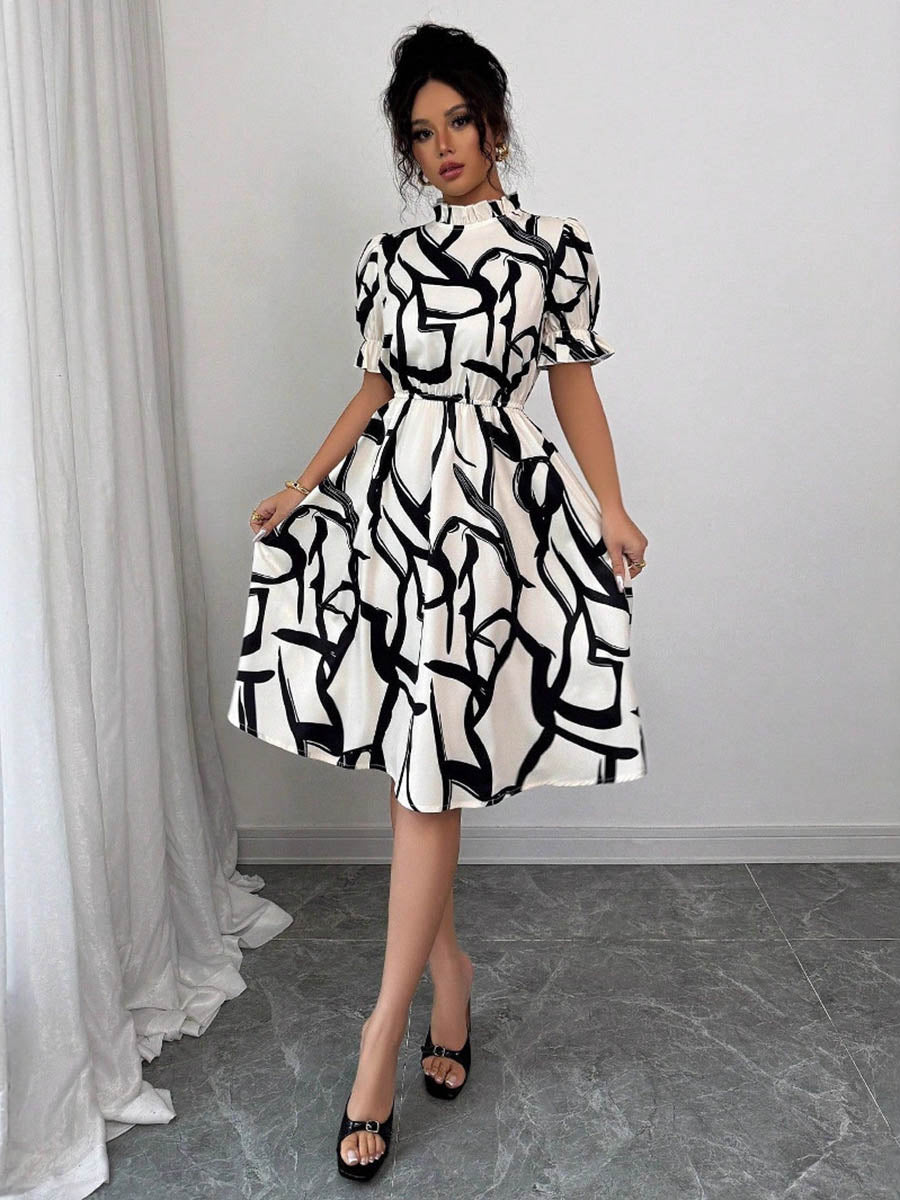 Abstract Printed Contrast Color Ruffled Split-Joint A-Line Bodycon Midi Dresses