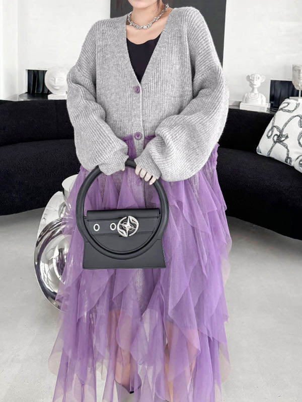 Buttoned Contrast Color Mesh Pleated Ribs Split-Joint High-Low Irregularity Collarless Outerwear Cardigan Tops