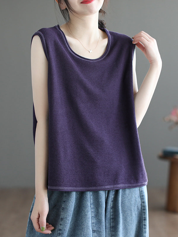 Solid Color Loose Sleeveless Round-neck Knitting Vest Top
