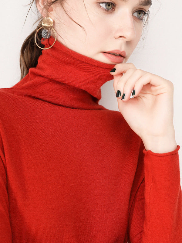 Casual Skinny Long Sleeves Solid Color Heaps Collar Sweater Tops Pullovers