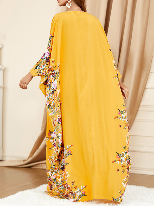 Muslim Printed Split-Front Batwing Sleeves Loose Round-Neck Maxi Dresses
