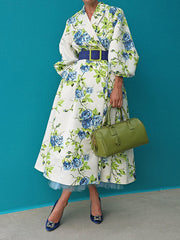 Batwing Sleeves Loose Pleated Printed Tied Waist Lapel Midi Dresses Shirt Dress