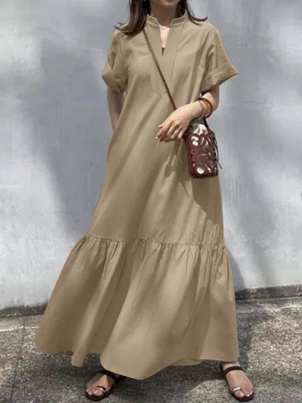 Solid Color Split-Joint A-Line Loose V-Neck Maxi Dresses