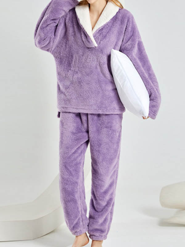Coral Fleece Split-Joint V-Neck + Pants Pajama Two Pieces Set