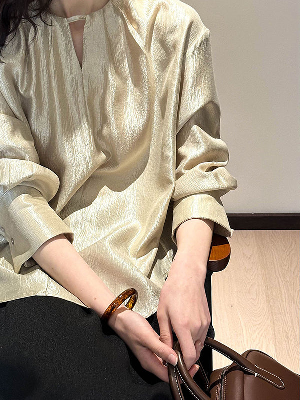 Hollow Shiny Solid Color Long Sleeves Loose Round-Neck Blouses&Shirts Tops