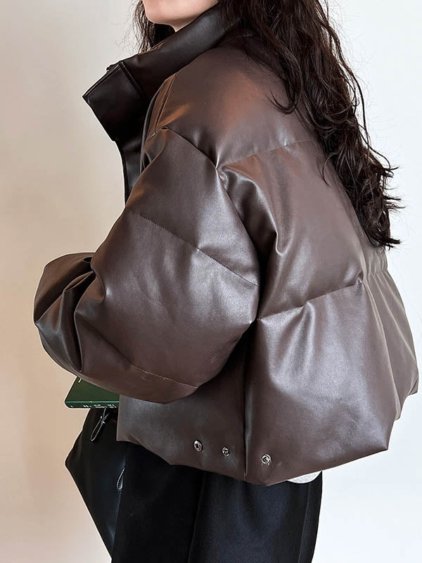 Split-Joint Zipper Loose Puff Sleeves Stand Collar Down Coat