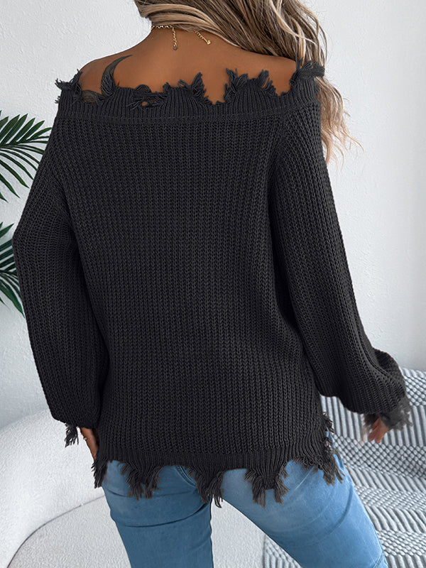 Hollow Knitted Leaves Ribbed Knit See-Through Solid Color Long Sleeves Off-The-Shoulder Sweater Tops