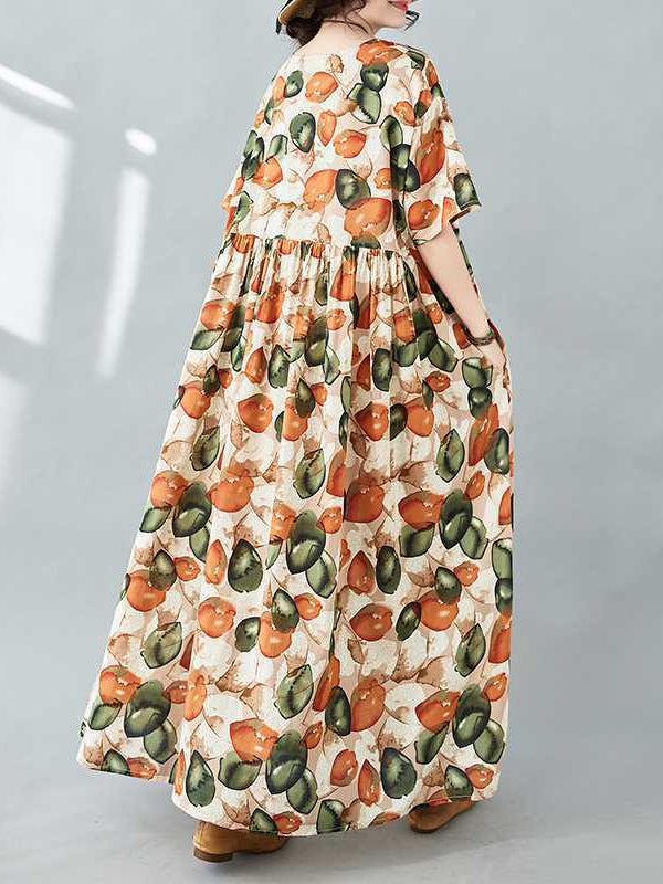 Pleated Printed Split-Joint Half Sleeves Loose Round-Neck Midi Dresses