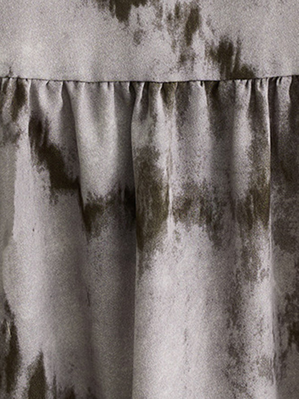 Pleated Split-Joint Tie-dyed Long Sleeves Loose Stand Collar Midi Dresses