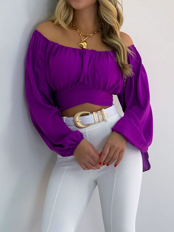 Elasticity Pleated Solid Color Long Sleeves Loose Off-the-shoulder Blouses