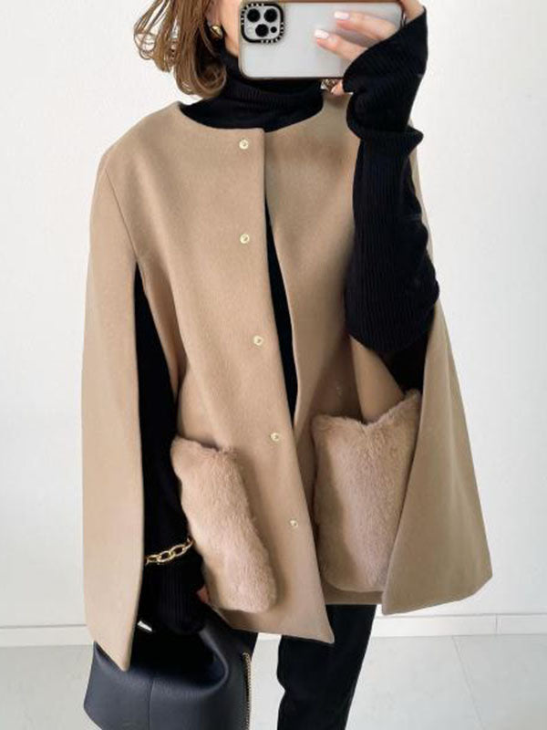 Pockets Split-Front Split-Joint Loose Sleeveless Round-Neck Woolen Coat