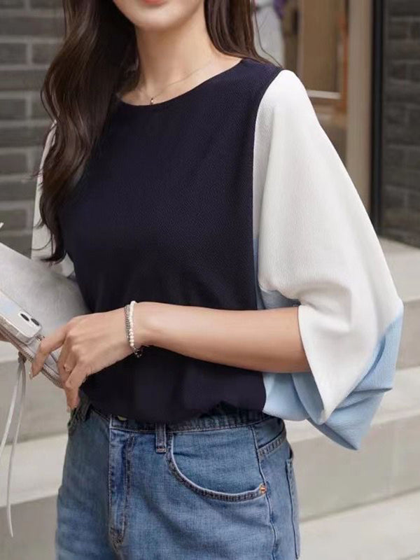 Contrast Color Split-Joint Batwing Sleeves Loose Round-Neck T-Shirts Tops