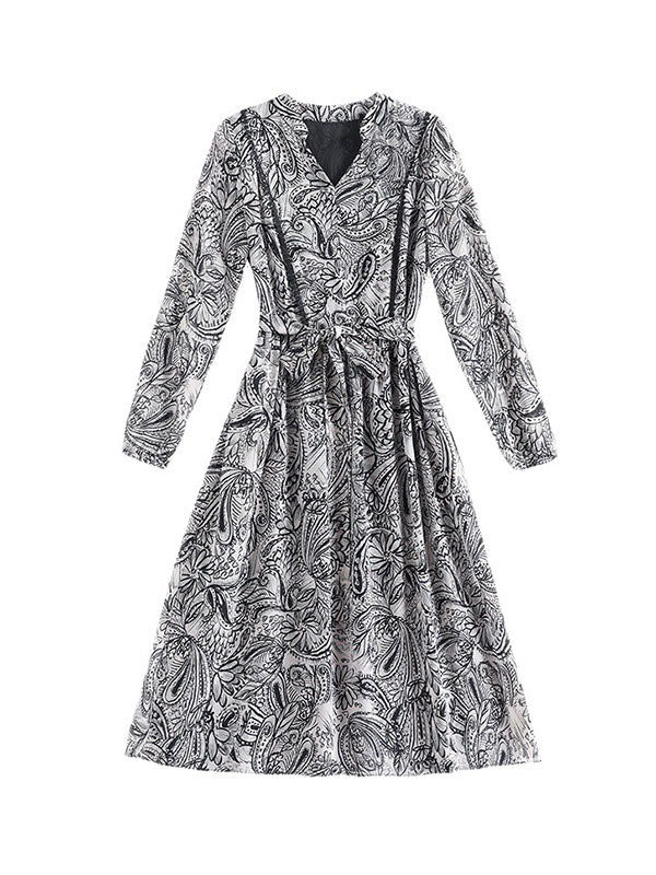 Elasticity Flower Print Tied Waist Long Sleeves Loose V-neck Midi Dresses