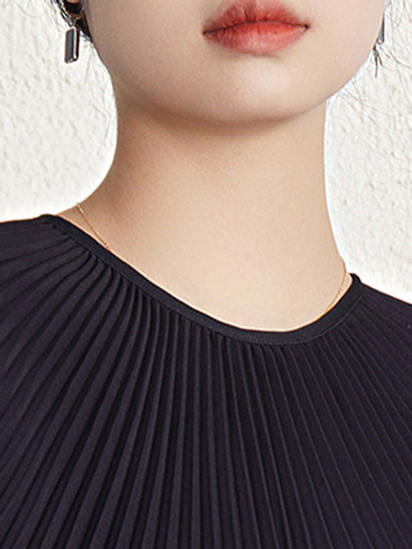 Gradient Pleated Batwing Sleeves Loose Round-Neck Midi Dresses