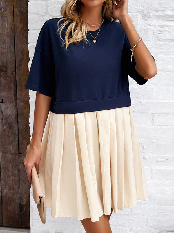 Contrast Color Pleated Split-Joint A-Line Half Sleeves Round-Neck Mini Dresses