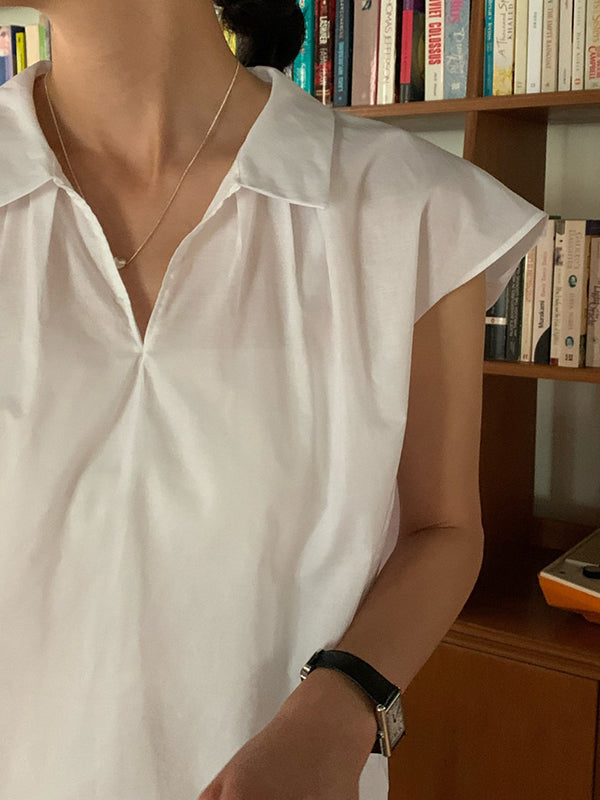 Solid Color Cap Sleeve Loose Lapel Blouses&Shirts Tops