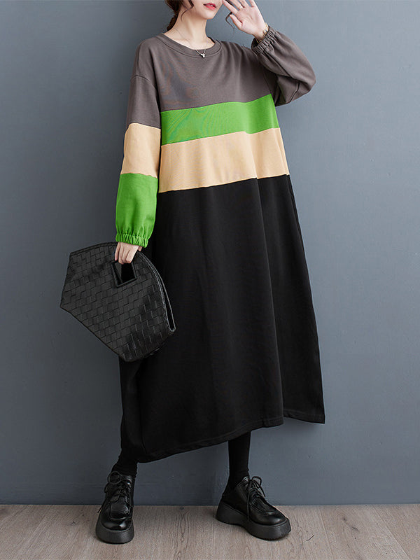 Contrast Color Elasticity Split-Joint A-Line Long Sleeves Round-Neck Midi Dresses
