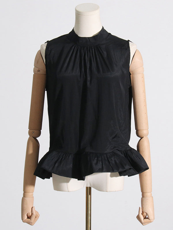 Pleated Ruffled Solid Color High Waisted High-Low Mock Neck Two Pieces Set