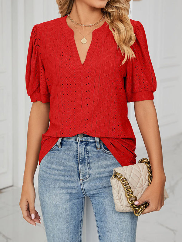 Hollow Solid Color Bishop Sleeve Loose V-neck T-Shirts Tops