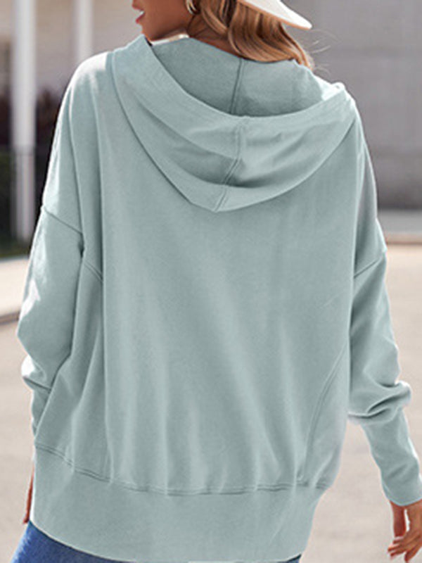Buttoned Hooded Split-Joint Batwing Sleeves Long Sleeves V-Neck Hoodies Tops
